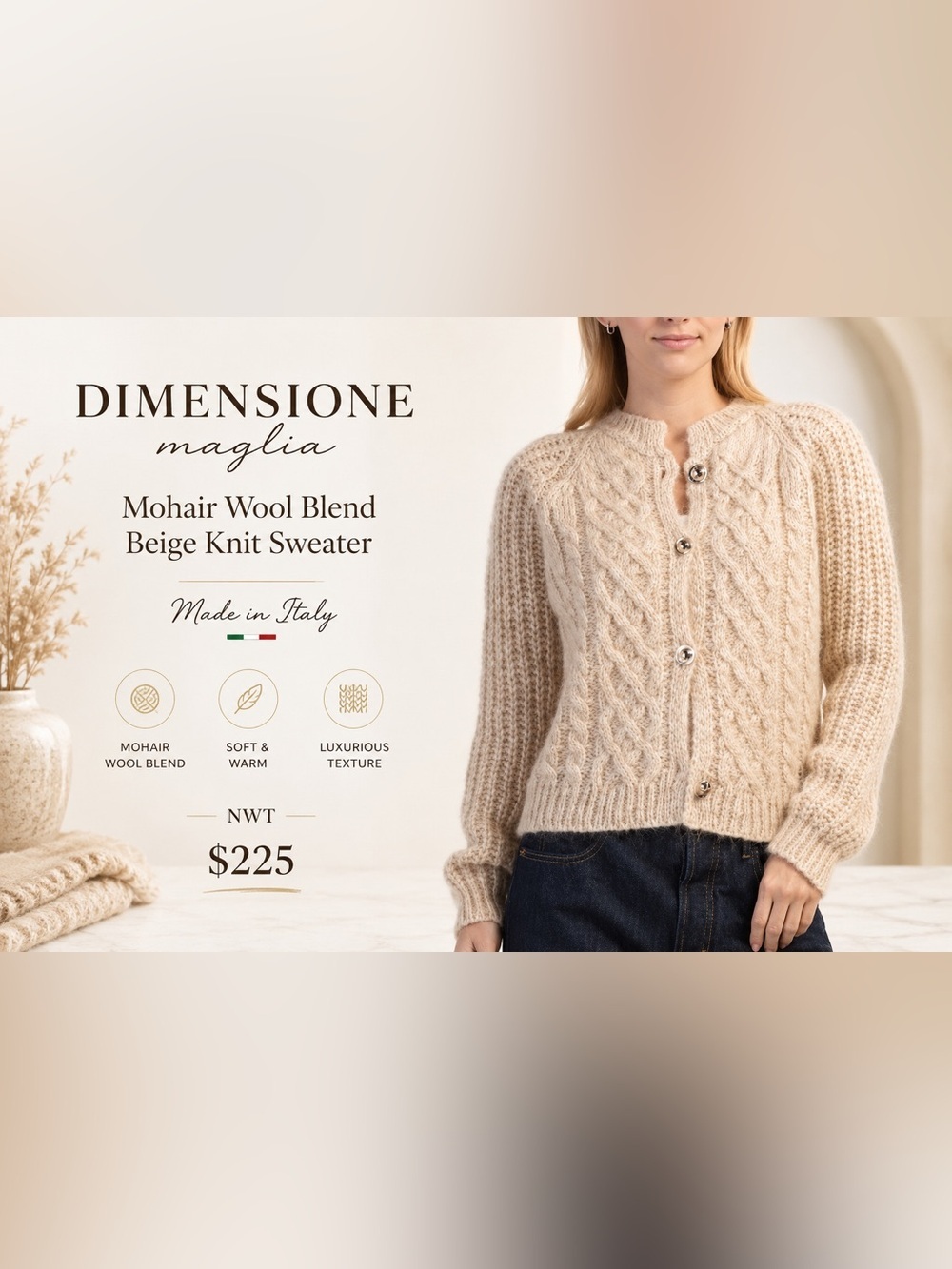 Dimensione Maglia Mohair Wool Blend Beige Knit Sweater.Made in Italy NWT Size L